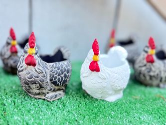 cement flowerpots, chicken figurines