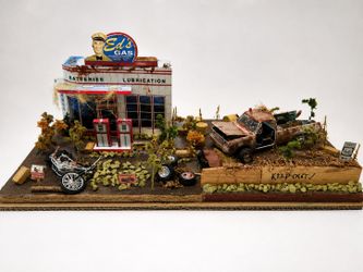 Vintage Handmade Route 66 Gas Station Diorama With Rat Rod Truck Motorcycle Display