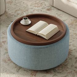 Round Ottoman with Walnut Wood Tray Top. brand new
