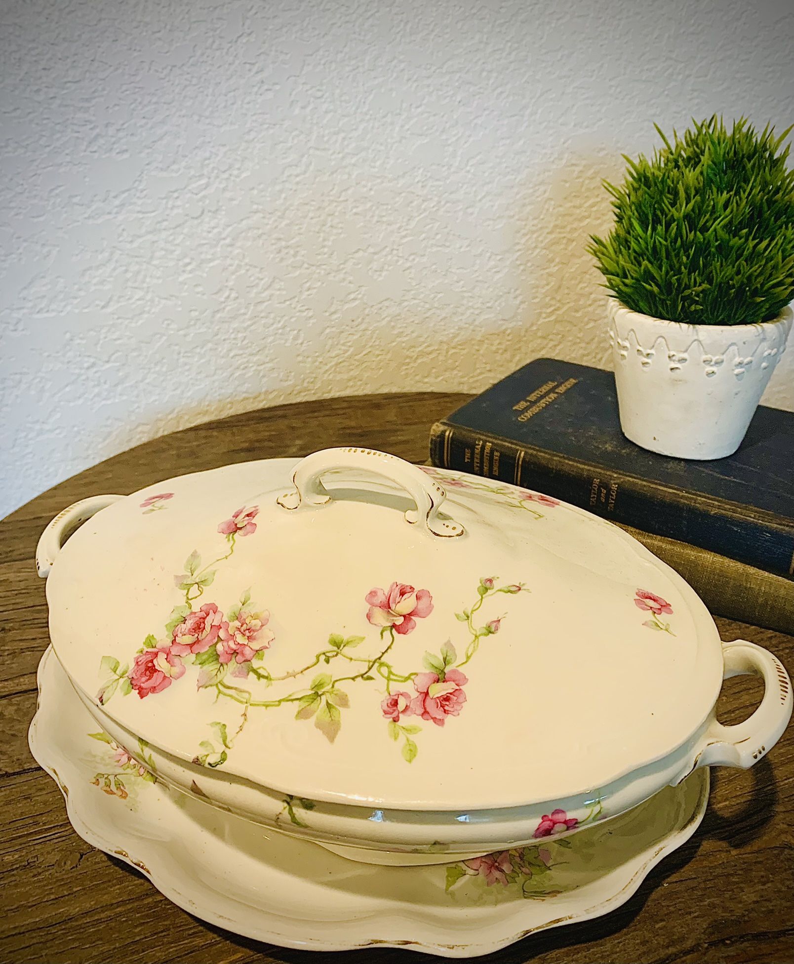 Gorgeous Vintage Lemoges French Casserole-Vegetable Dish With Floral Motif, Lid and Matching Plate!!