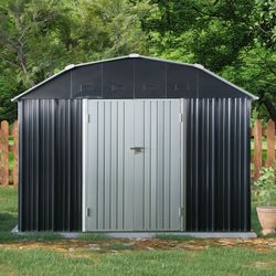 10 ft x 12 ft Metal Garden Storage: Outdoor, Black, with Arch Roof