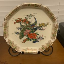 Kenzan Gama (Kiln) made in japan porcelain plate peacock gold design 1980s