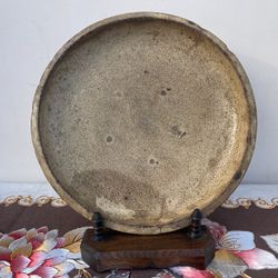 15”1/2 Large Antique Asian Pottery Serving Dish Plate w/Wooden Stand