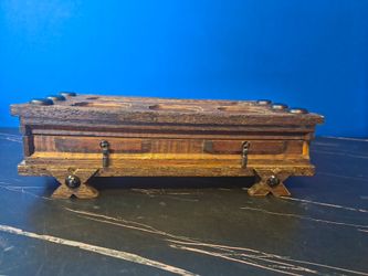 Vintage Mid Century Wooden Jewelry Box w/ Red Velvet Interior