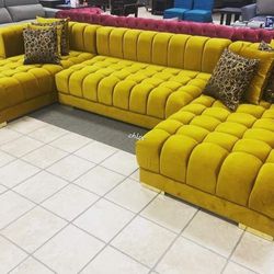 
\ASK DISCOUNT COUPON💬 sofa Couch Loveseat Living room set sleeper recliner daybed futon ♡ Aria Yellow Velvet Double Chaise Sectional 