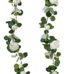 New White Artificial Rose Garlands Rose Vines Leaves Banners Hanging Floral Garland Fake Rose Flower Vine for Wedding Arch Ceremony Home Garden Outdoo