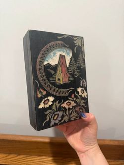 Vintage Hand Painted Folk Art Wooden Jewelry Box with Mirror