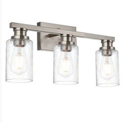 Brushed Nickel Finish Silver Bathroom Lighting Fixture 3 Light Wall Mounted Glass Light