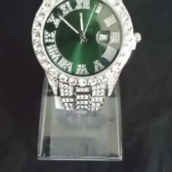 White Gold Plated Bust Down Watch With Emerald Green Dial