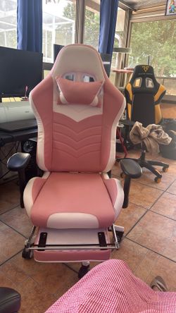 Pink & White Ergonomic Gaming Chair with Footrest – Excellent Condition Price Recommend