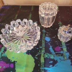 Vintage Crystal Ashtray, Table Lighter, Tobacco Jar