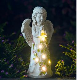 Garden Outdoor Statues Angel with Succulent and 7 LED Lights