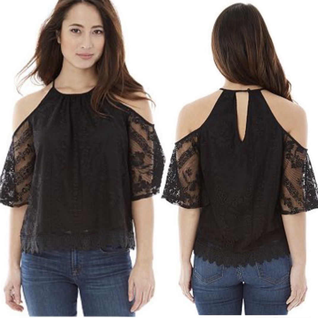 Iz Byer lace cold shoulder black top Size Large