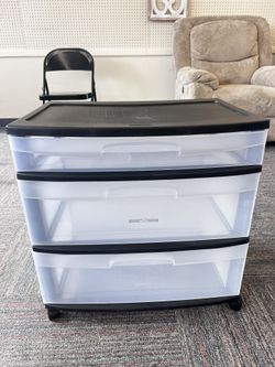 Wide 3 Drawer Cart, Clear Plastic Storage Drawers, Wheels Included, Black, New 
