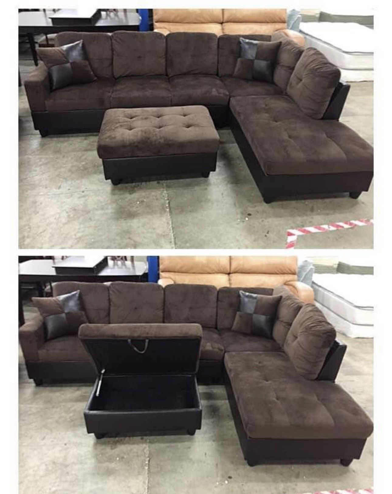 Brown Microfiber Sectional Couch And Ottoman