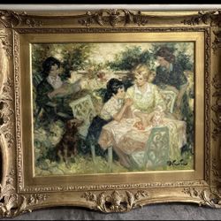 French Impressionistic Oil Painting of Figures Park by Pierre Eugène Duteurtre