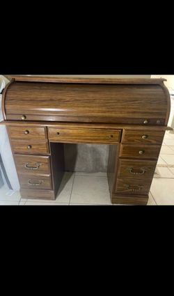 Wooden Roll-Top Desk with Drawers
