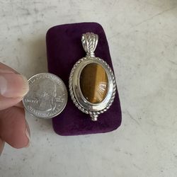 925 Sterling Silver , Genuine Large Tigers Eye Oval Pendant, Marked 925 GV,  Very Nice , Attached Bale 