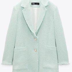 Zara Green And White Structured Blazer With Frayed Edges Size Large NWT 