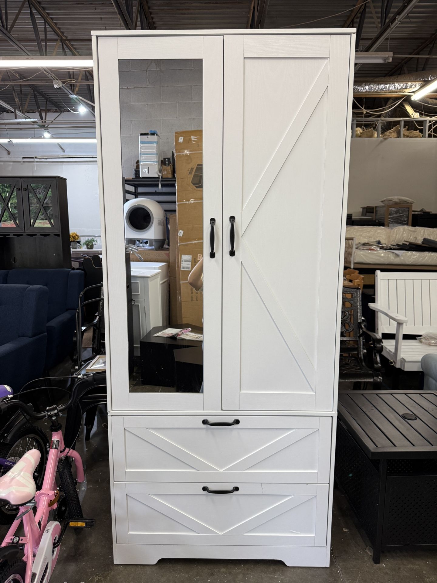 Brand new Wardrobe Closet with Mirror and 2 Drawers, 72'' Bedroom Armoire Wardrobe Cabinet with Hanging Rod and Light,Wooden Bedroom Closet with Adjus
