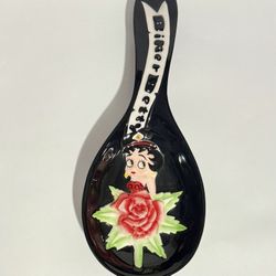 2006 Authentic Betty Boop Biker Flower Rose Porcelain Spoon Rest Biker Betty