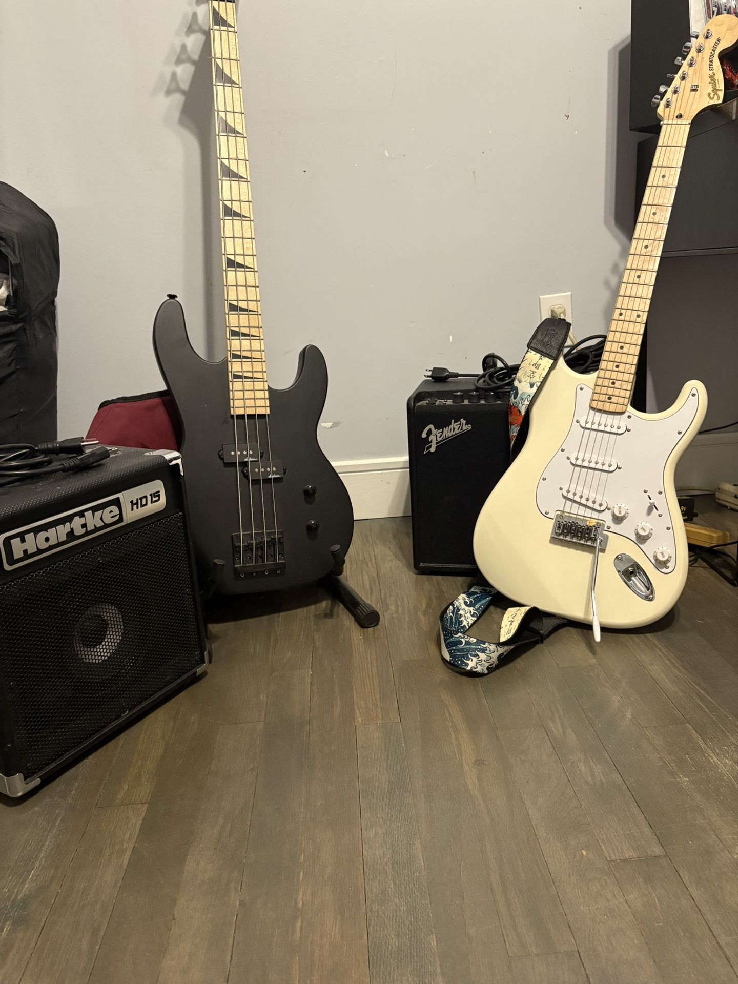 Electric Guitar And Bass With Amps