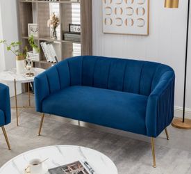 Blue Velvet Loveseat w/ Gold Legs – Modern Accent Sofa