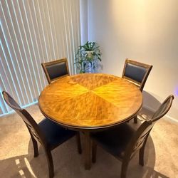 Round Dining Table Set - Wood, 4 Chairs, Wood/Black Leather