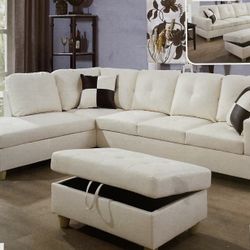 White Leather Sectional Couch And Ottoman