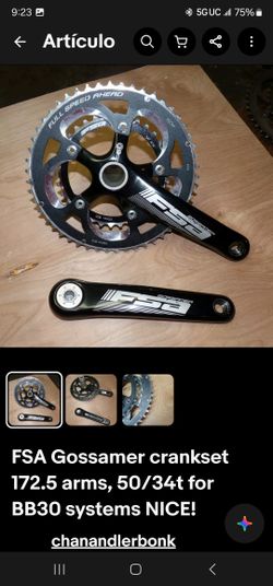 This FSA Gossamer compact crankset features a 172.5 mm crankarm length and double chainrings with 50/34t teeth; compatible with BB30 bottom bracket sy