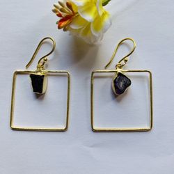 Garnet Raw Gemstone Brass Gold Plated Earrings
