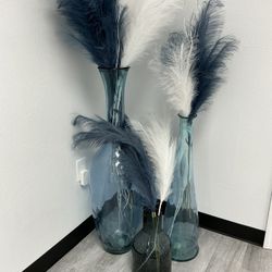 Three Blue Vases W/ Pampas