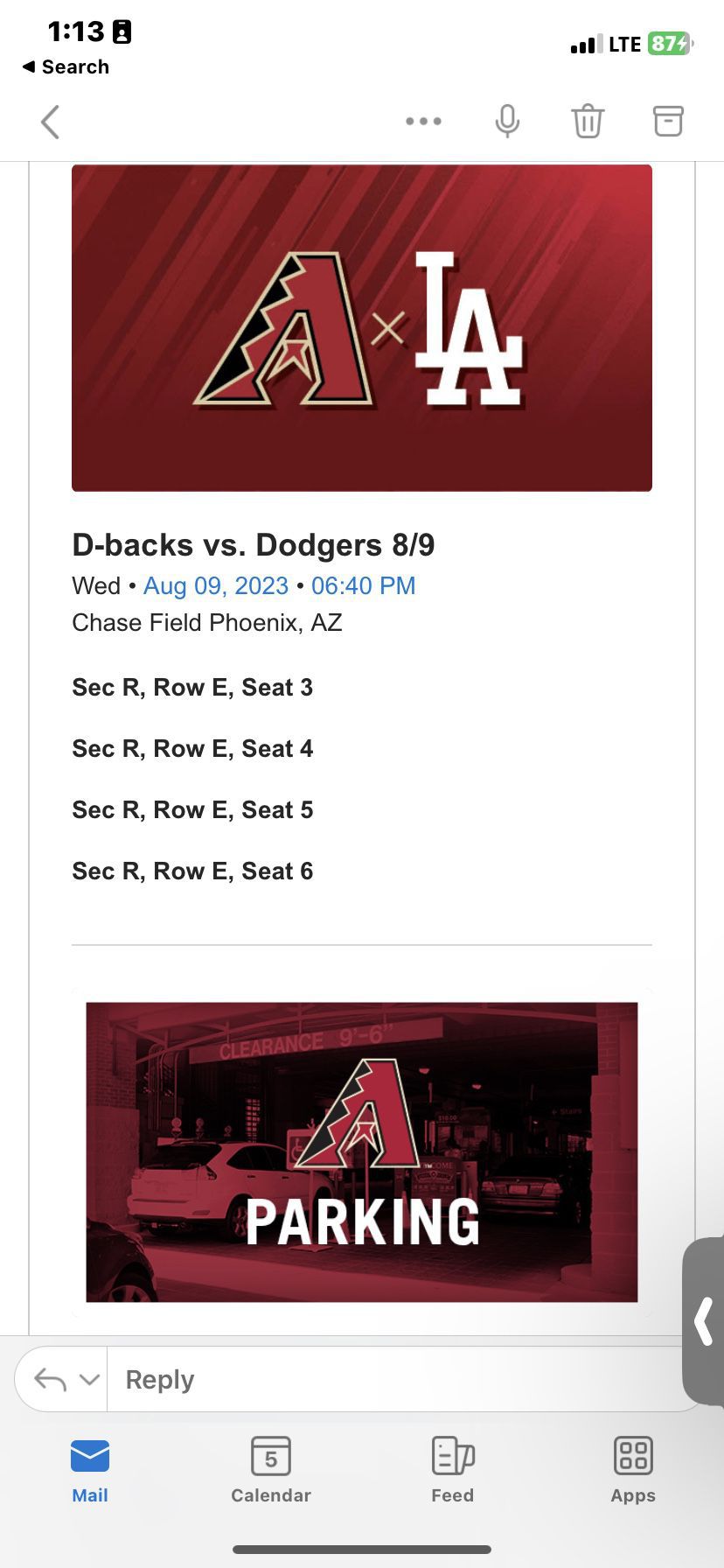Los Angeles Dodgers Vs Arizona Diamondbacks Tickets August 9th 6:40PM with parking Pass 