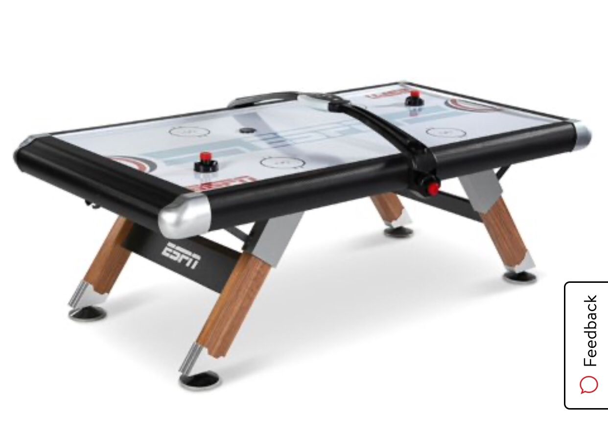 (Damage) ESPN Belham Collection 8' Air Powered Hockey Table, Overhead Electronic Scorer and Table Cover, Black