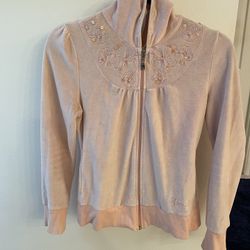 Pink floral embroidered sequin hoodie， Size:S