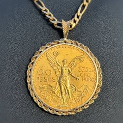 1947 Mexico 50 Peso gold Coin bullion in 14k rope bezel pendant & 14k solid yellow gold Figaro chain 28” 4mm necklace