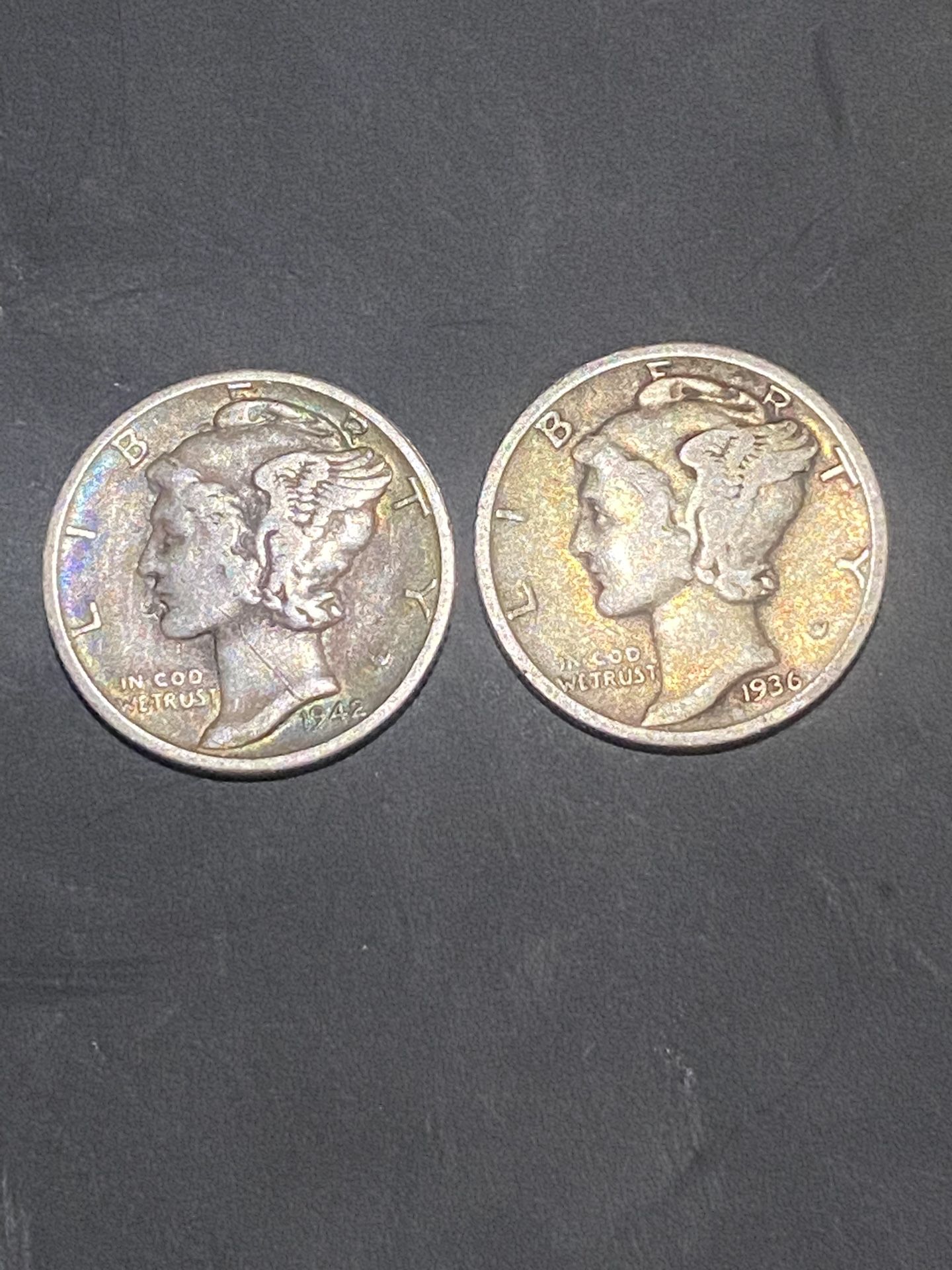 Two Silver Mercury Dimes The 1942 Has A Lot Of Toning On Front And Back The 1936 Has Slight Toning