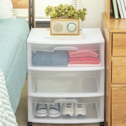 (2 pack) Sterilite Wide 3 Drawer Cart, Clear Plastic Storage Drawers, Wheels Included, White