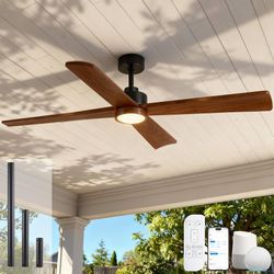 60 Inch Outdoor Smart Ceiling Fan with Light for Patio Damp Rated -High CFM Propeller 4 Wood Blades for Large Room, Rustic Farmhouse, Alexa/Tuya App/R