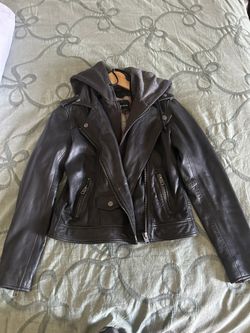 Lucky Brand Leather Motorcycle Jacket W/zip out hoodie Size XS