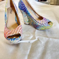 Colorful Peep-Toe Wedge Heels, Size 6.5