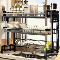 New! 1pc Countertop Dish Storage Drainage Rack Expandable Kitchen Sink Shelf Dish Rack Drainer Black Kitchen Organizer
