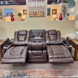 Chocolate Leather Power Reclining Sofa 🔥 USB 👍 Brand New 💥 By Ashley Signature ⭐️ 