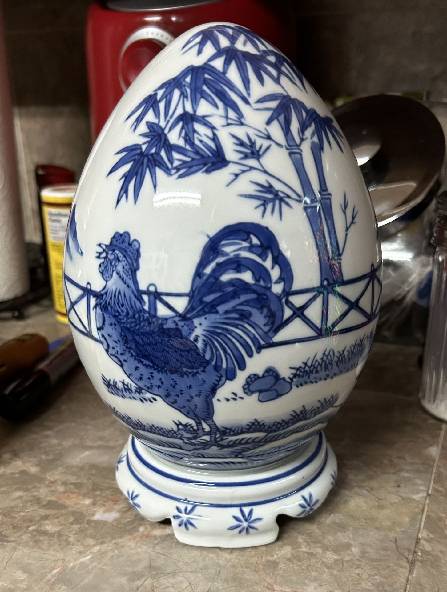 Vintage Blue & White Porcelain Egg (Large)