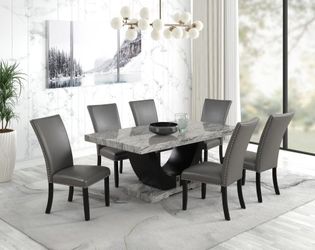 Transitional designed, rich marble look dining set w/curve base