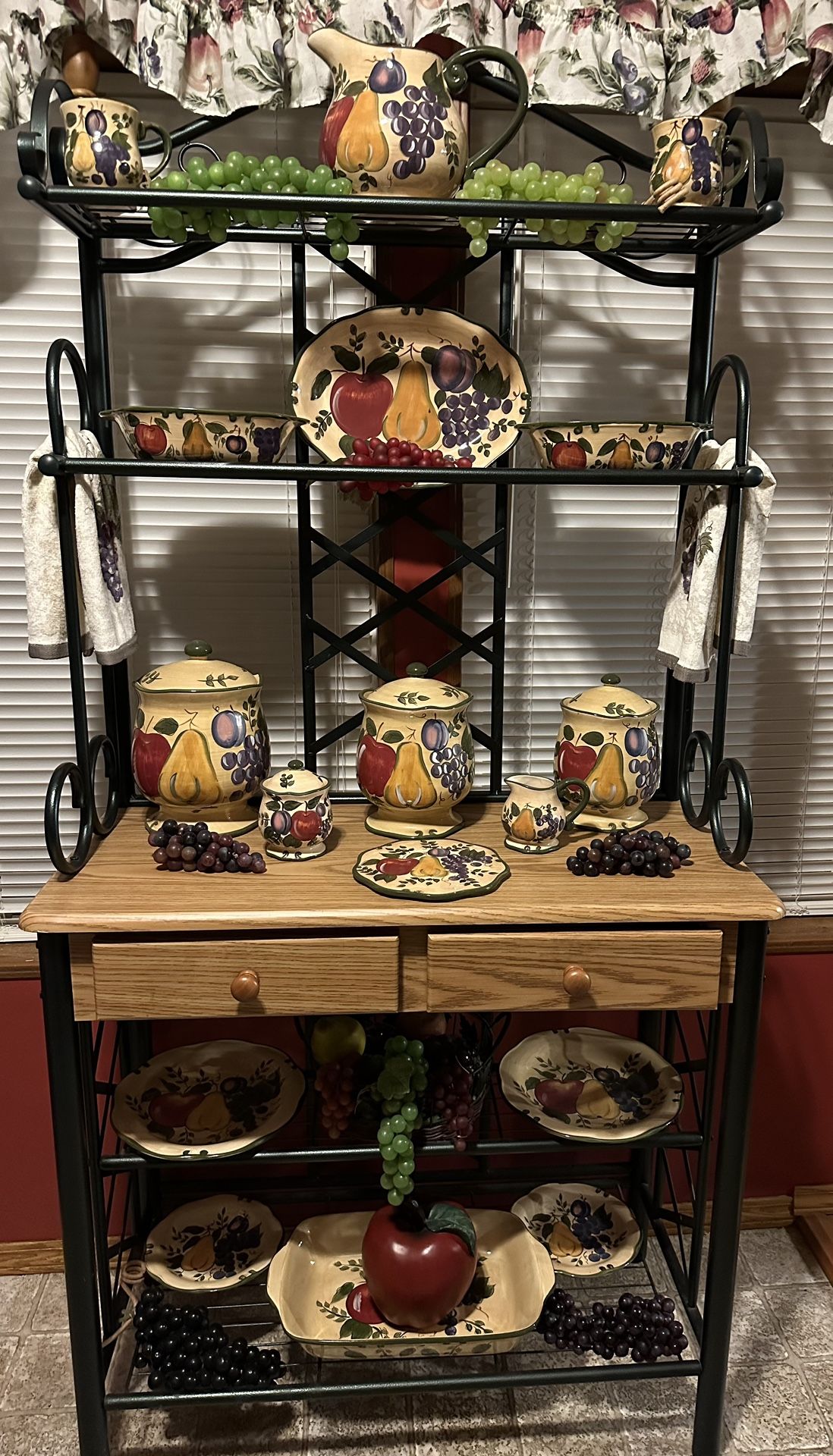 Dishes and fruit $50 Bakers rack $75