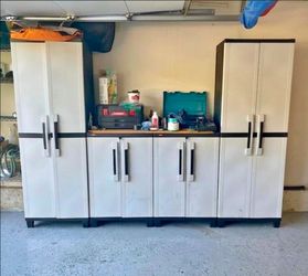 Keter Garage Storage Cabinet Set, 2 tall cabinets, 2 short cabinets, lockable with shelves, Good Condition