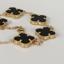 14k Yellow Gold Fashion Onyx Flowers Bracelet 7.5"