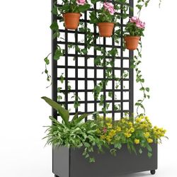 GarveeLife Metal Planter Box, with Square Lattice Trellis Planter Box, for Climbing Plants and Vines, Galvanized Raised Garden Bed On Wheels, Garden B