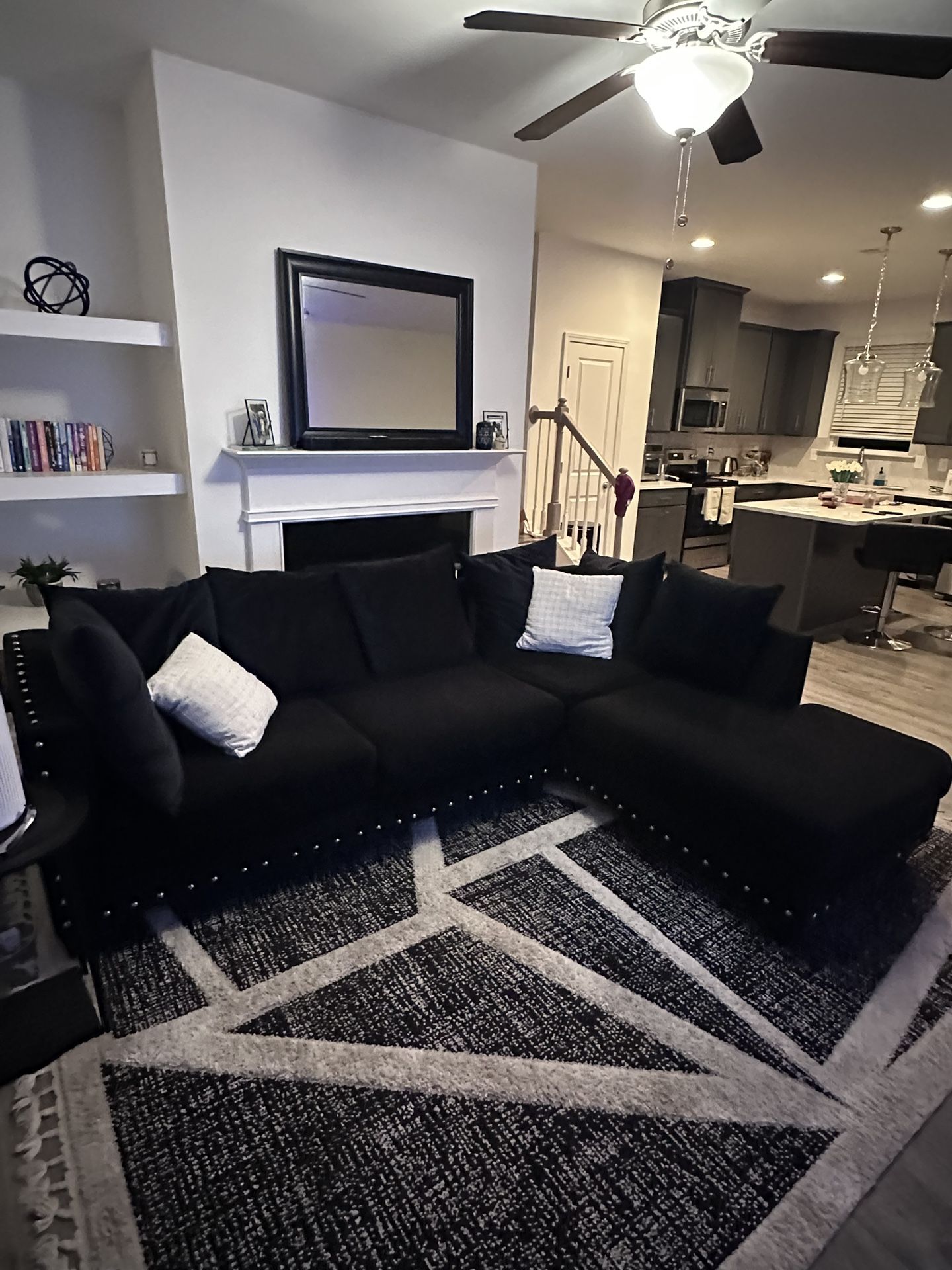 Black Velvet Sectional Sofa With Pillows